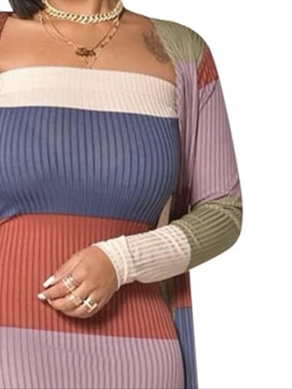 Striped Ribbed Midi Dress with Matching Duster - Multicolor - Picture 4 of 4